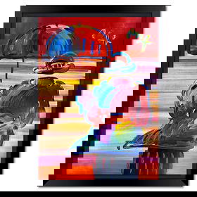 Peter Max, "Umbrella Man" Framed One-of-a-Kind Mixed Media, Hand Signed with Registration Number: Umbrella Man is a one-of-a-kind mixed media on paper, hand signed by Peter Max. The piece comes custom framed with a backside cutout to display Peter Max Studio registration number 252199 certifying a