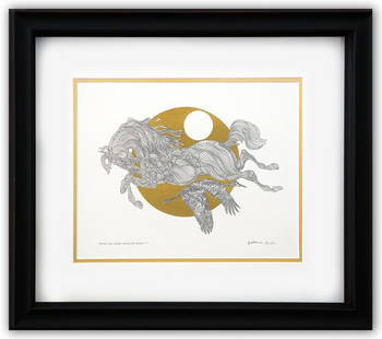 Guillaume Azoulay- Original pen and ink with hand laid gold leaf: Artist: Guillaume Azoulay. Medium: Original pen and ink with hand laid gold leaf. Size: 11" x 14". Measures approx. 19" x 22" (framed). Signature: Hand Signed and Numbered by the artist. Certificate