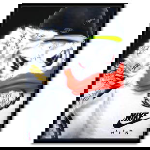 Viqa- Original Oil on Canvas with Collage "Scrooge McDuck/ Rick Ross": Artist: Viqa. Medium: Original Oil on Canvas with Collage. Title: Scrooge McDuck/ Rick Ross. Size: 27" x 20". Measures approx. 29" x 22" (framed). Signature: Hand signed by the artist. Certificate of