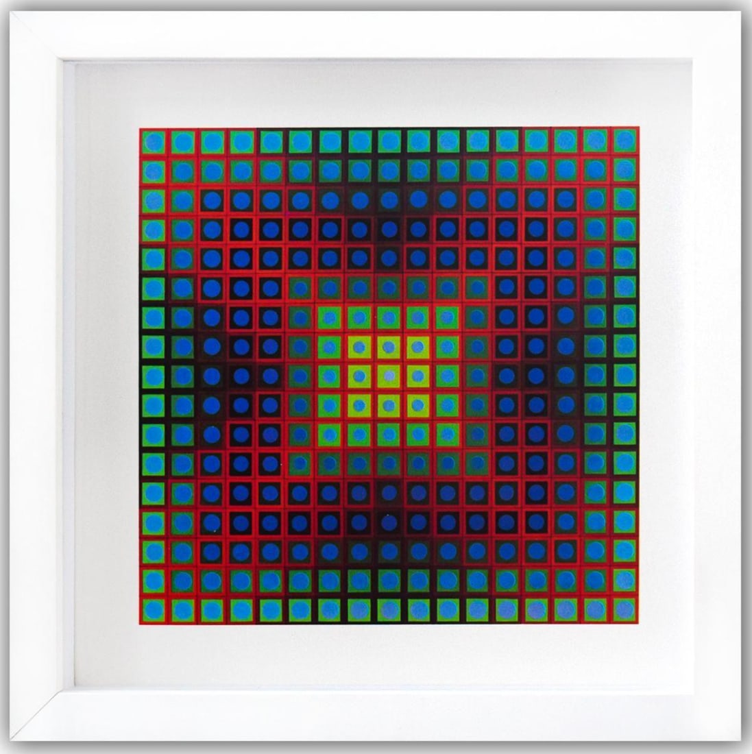 Victor Vasarely- Heliogravure Print "Kezdi": Artist: Victor Vasarely. Medium: Heliogravure Print. Title: Kezdi. Size: 10" x 10". Measures approx. 12" x 12" (framed). Additional: Custom Framed , 1971. Reference#: 21365.