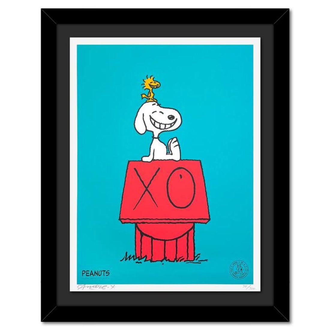 Mr. Andre (Andre Saraiva), "Snoopy & Woodstock on Red House (Blue)" Framed Limited Edition: Snoopy & Woodstock on Red House is a limited edition silkscreen on paper by Andre Saraiva, commonly known as Mr. Andre, numbered 38/300 and hand signed by the artist. This piece comes framed and inclu
