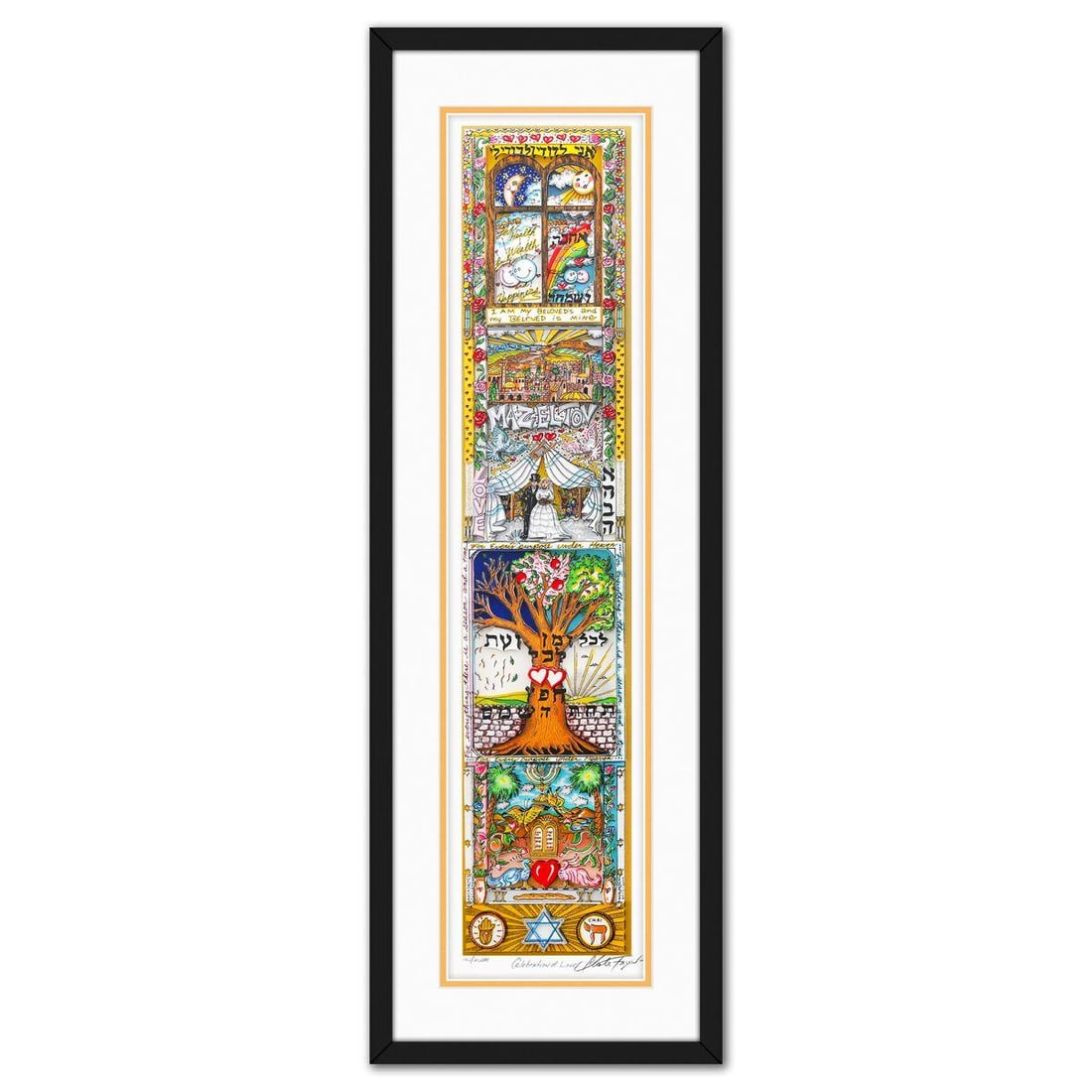 Charles Fazzino- 3D Construction Silkscreen Serigraph "Celebration of Love": Artist: Charles Fazzino. Medium: 3D Construction Silkscreen Serigraph. Title: Celebration of Love. Size: 38" x 9". Measures approx. 44" x 15" (framed). Signature: Hand signed and numbered. Certificate