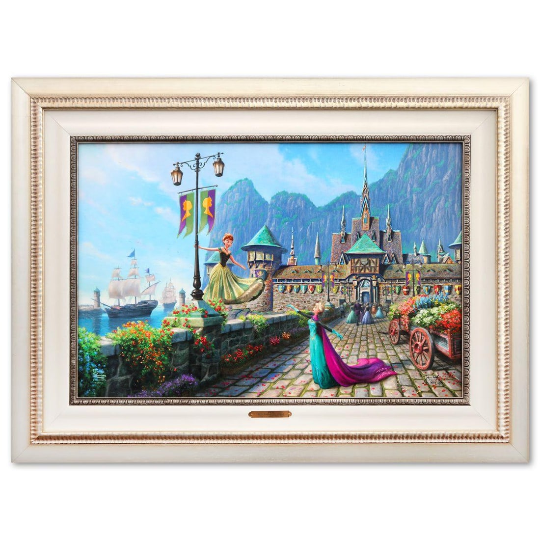 Thomas Kinkade- Hand Embellished Giclee on Canvas "Frozen Celebration in Arendelle": Artist: Thomas Kinkade. Medium: Hand Embellished Giclee on Canvas. Title: Frozen Celebration in Arendelle. Size: 17" x 26". Measures approx. 27" x 36" (framed). Signature: Hand signed and numbered. Ce