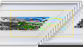 Charles Fazzino- 3D Construction Silkscreen Serigraph "A Hole In One Behind Bush 13 (Yellow)": Artist: Charles Fazzino. Medium: 3D Construction Silkscreen Serigraph. Title: A Hole In One Behind Bush 13 (Yellow). Size: 12" x 25". Measures approx. 28" x 33" (framed). Signature: Hand Signed and Nu
