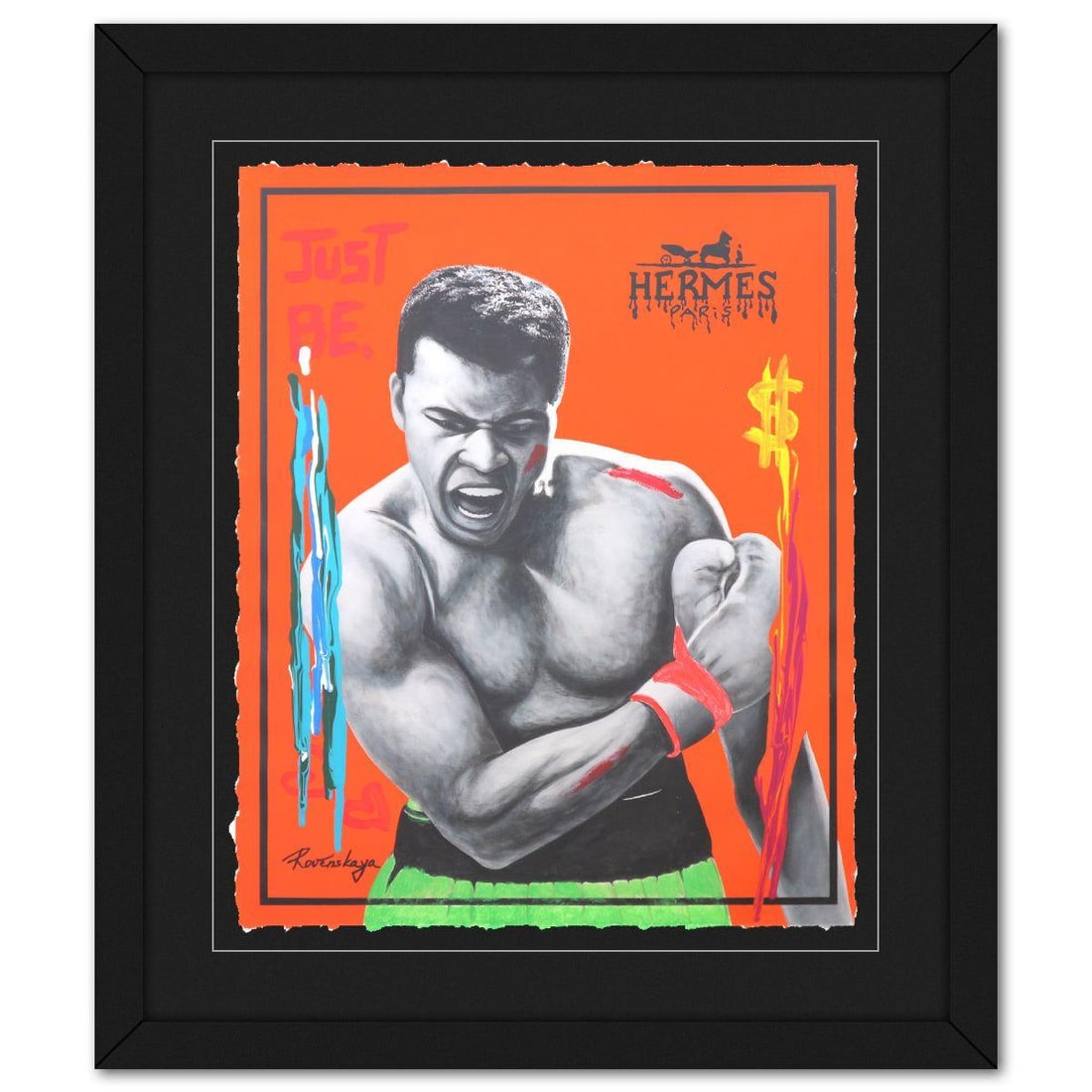 Nastya Rovenskaya- Original Mixed Media on Paper "I am the Greatest": Artist: Nastya Rovenskaya. Medium: Original Mixed Media on Paper. Title: I am the Greatest. Size: 24" x 20". Measures approx. 34" x 20" (framed). Signature: Hand signed by the artist. Certificate of A