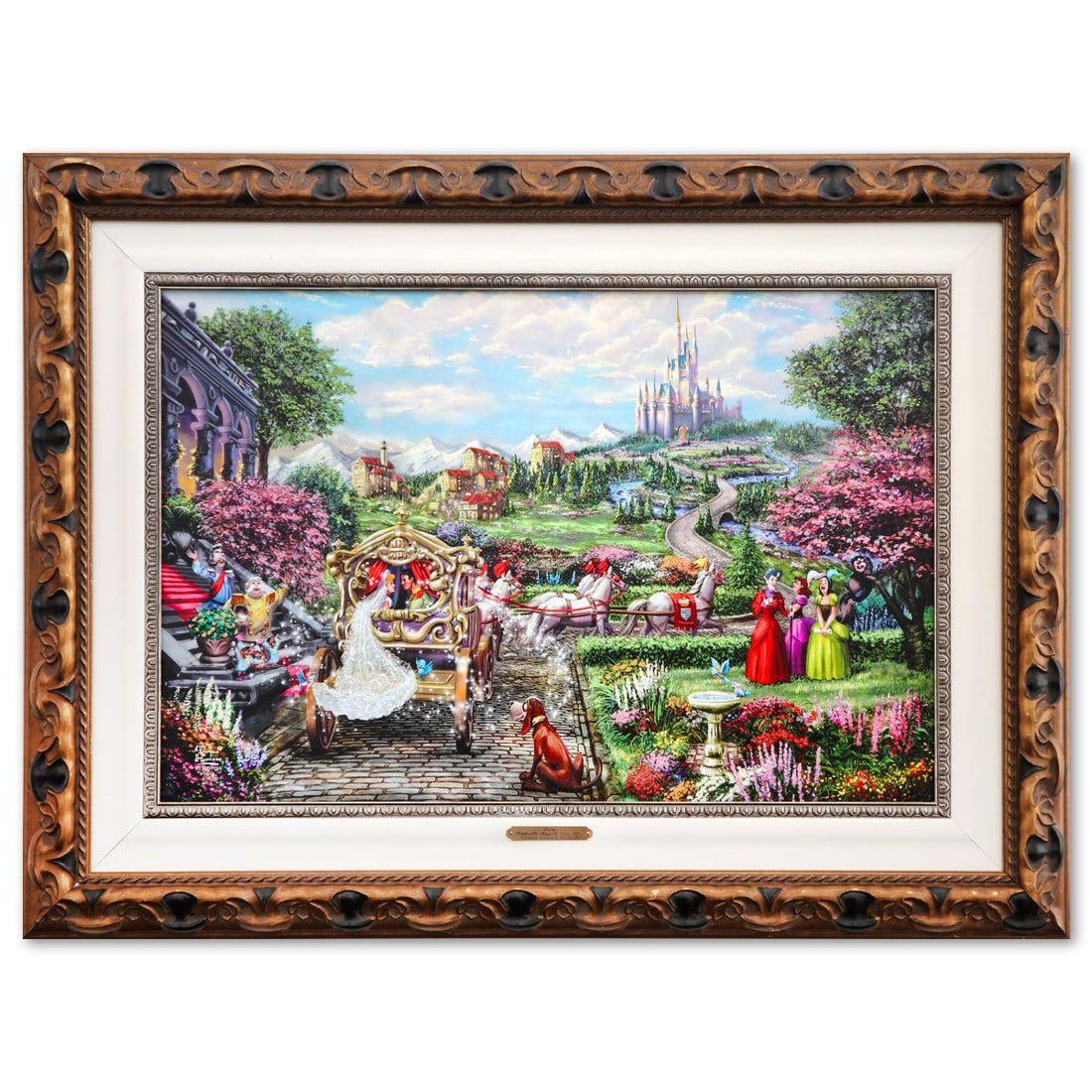 Thomas Kinkade- Hand Embellished Giclee on Canvas "Cinderella Happily Ever After": Artist: Thomas Kinkade. Medium: Hand Embellished Giclee on Canvas. Title: Cinderella Happily Ever After. Size: 17" x 26". Measures approx. 27" x 36" (framed). Signature: Hand signed and numbered. Cert