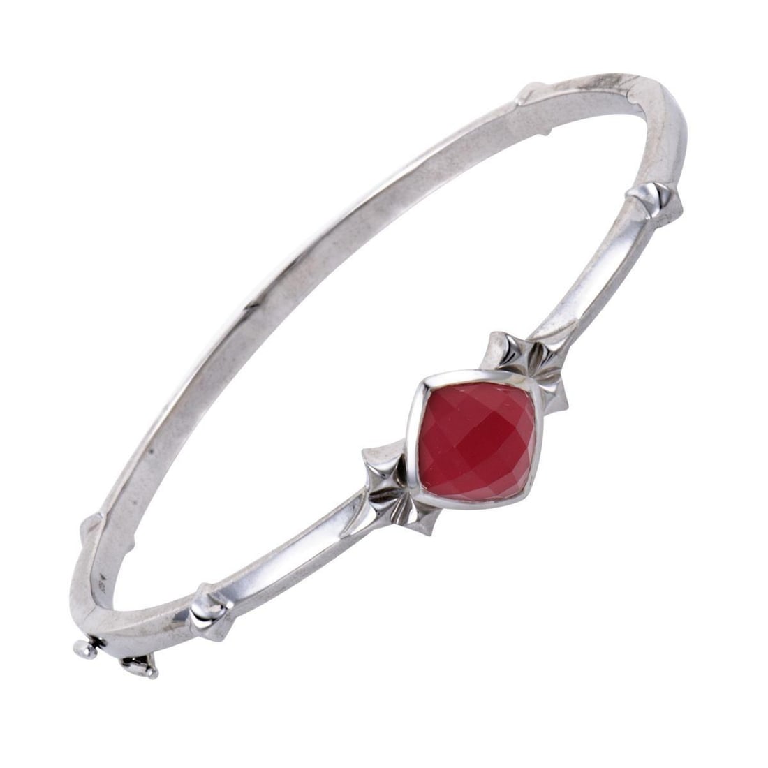 STEPHEN WEBSTER SUPERSTUD WOMEN'S SILVER CORAL AND QUARTZ BANGLE BRACELET: Adding fascinatingly vivid color to a gracefully subtle design, the magnificent synthesized red coral and quartz create a charming sight against the white rhodium-plated silver in this gorgeous bangle