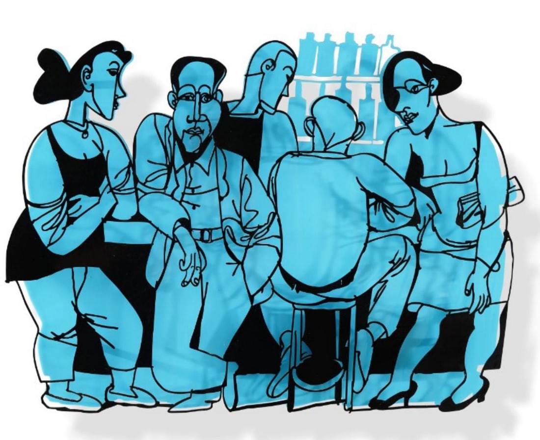 David Gerstein- Mixed Media Cutout Aluminum "Bar series - Bar people (blue)": Artist: David Gerstein. Medium: Mixed Media Cutout Aluminum. Title: Bar series - Bar people (blue). Size: 28" x 20". Signature: Signed and numbered. Certificate of Authenticity: Is included. Additiona