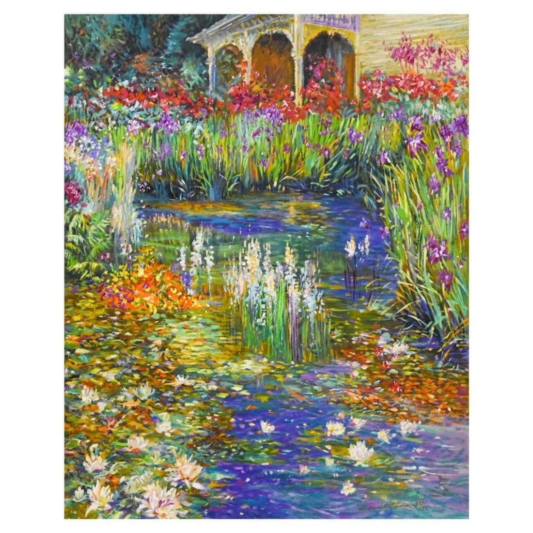 Henri Plisson (1933-2006), "Lily Pond" Limited Edition Serigraph on Canvas, Numbered and Hand Signed: Lily Pond is a limited edition serigraph on canvas by Henri Plisson (1933-2006), numbered and hand signed by the artist. Includes Letter of Authenticity. Measures approx. 33" x 25" (image).