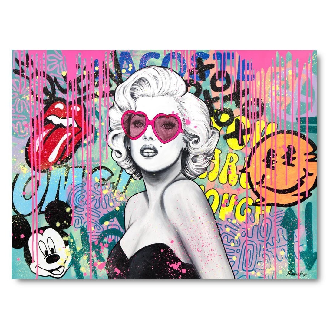 Nastya Rovenskaya- Original Oil on Canvas "Pop Icons Collide": Artist: Nastya Rovenskaya. Medium: Original Oil on Canvas. Title: Pop Icons Collide. Size: 30" x 40". Signature: Hand Signed. Certificate of Authenticity: Is included. Reference#: 30180.