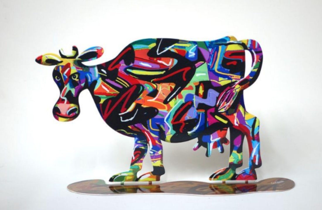 David Gerstein- Free Standing Sculpture "Hulda Cow": Artist: David Gerstein. Medium: Free Standing Sculpture. Title: Hulda Cow. Size: 9.8" x 17.3". Signature: Signed by the artist. Certificate of Authenticity: Is included. Additional: This piece is free