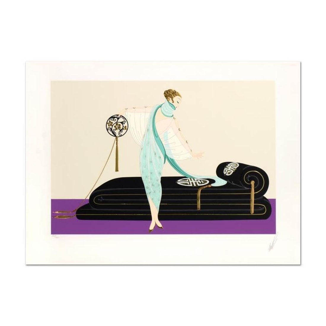 Erte (1892-1990), "Salon" Hand Signed Limited Edition Embossed Serigraph, Numbered 298/300 with: Salon is a hand signed limited edition embossed serigraph on paper by Erte (1892-1990), numbered 298/300. Includes Certificate of Authenticity. Measures approx. 21.5" x 30" (with border), 18" x 24" (i
