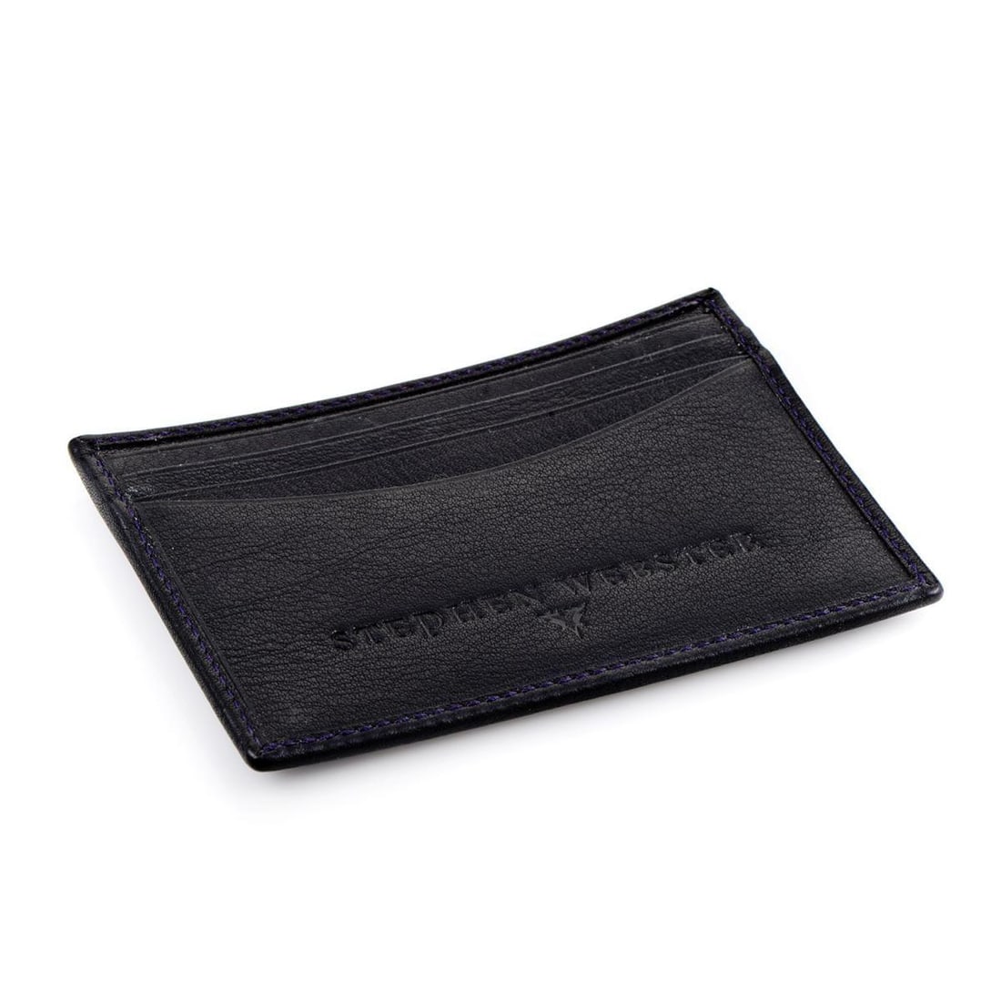 STEPHEN WEBSTER CALFSKIN LEATHER CARDHOLDER: Practical and elegant, this stunning card holder from Stephen Webster is a tasteful item of immense quality, made of black calf leather and adorned with violet stitching while boasting marvelous impri
