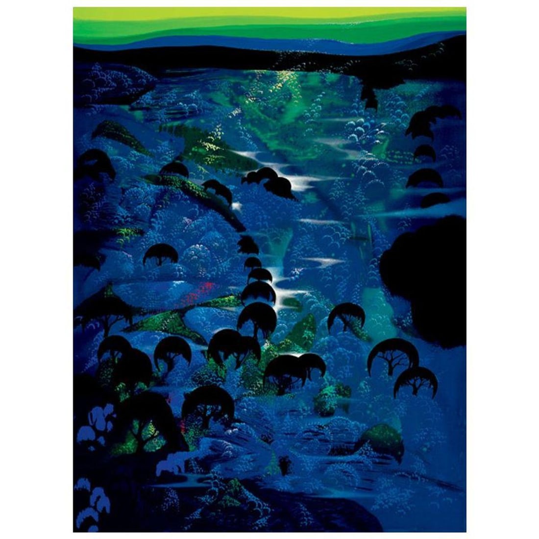 Eyvind Earle (1916-2000), "Beneath an Emerald Sky" Limited Edition Serigraph. Hand Signed and: Beneath an Emerald Sky is a limited edition serigraph on paper by Eyvind Earle (1916-2000). The piece is numbered, hand-signed by the artist, and accompanied by a certificate of authenticity. Measures