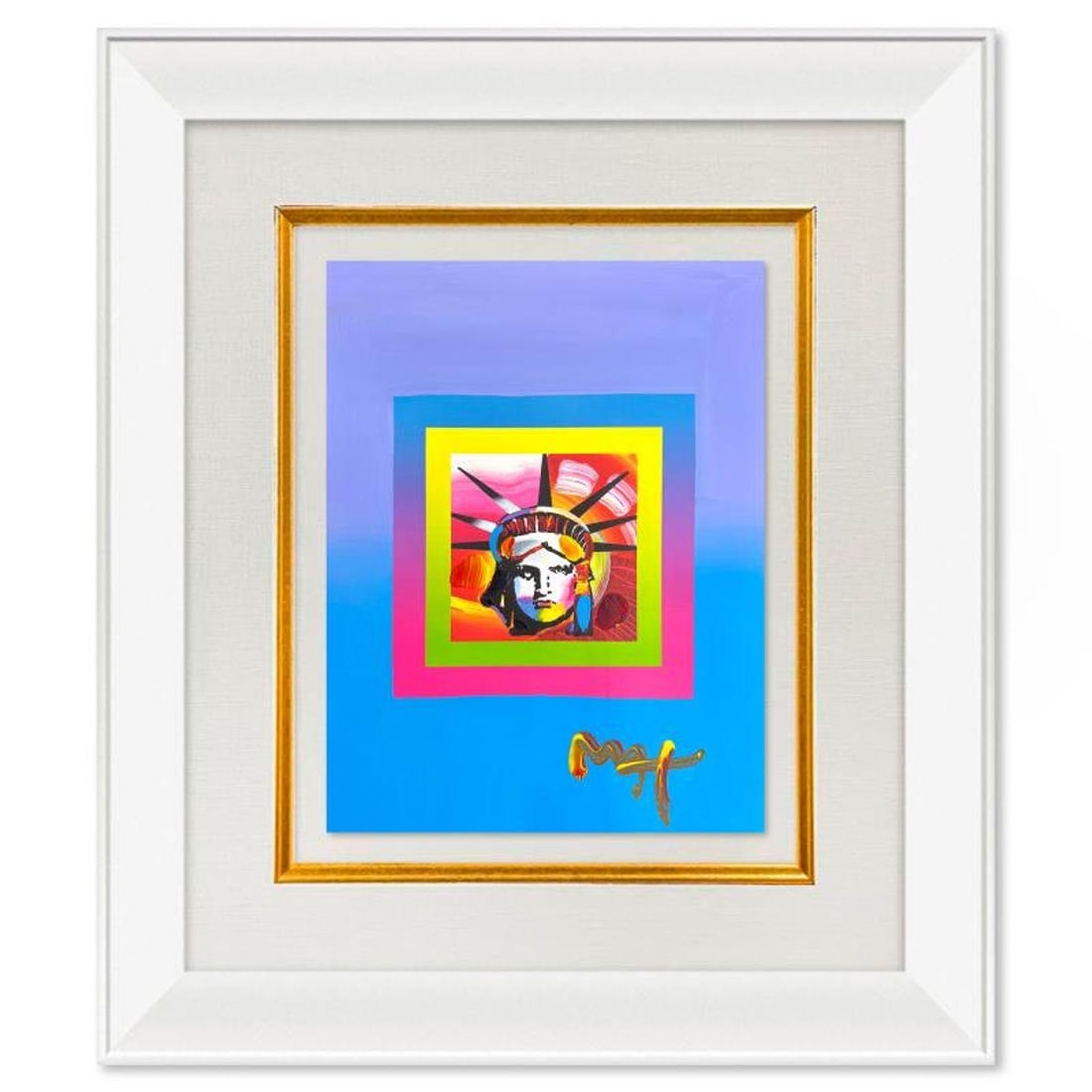 Peter Max, "Liberty" Framed One-of-a-Kind Acrylic Mixed Media, Hand Signed with Registration Number: Liberty is a hand signed one-of-a-kind acrylic mixed media on paper by Peter Max. The piece comes custom framed with a backside cutout to display Peter Max Studio registration number 159003 certifying