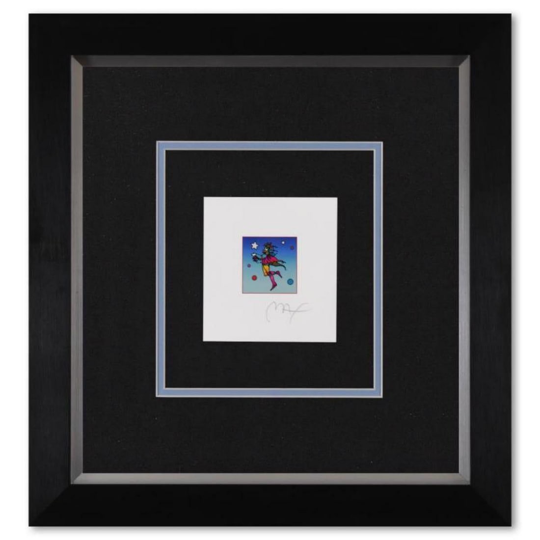 Peter Max- Original Lithograph "Star Catcher on Blue": Artist: Peter Max. Medium: Original Lithograph. Title: Star Catcher on Blue. Size: 5" x 4.5". Measures approx. 17.5" x 16.5" (framed). Signature: Hand Signed and Numbered by the artist. Certificate of