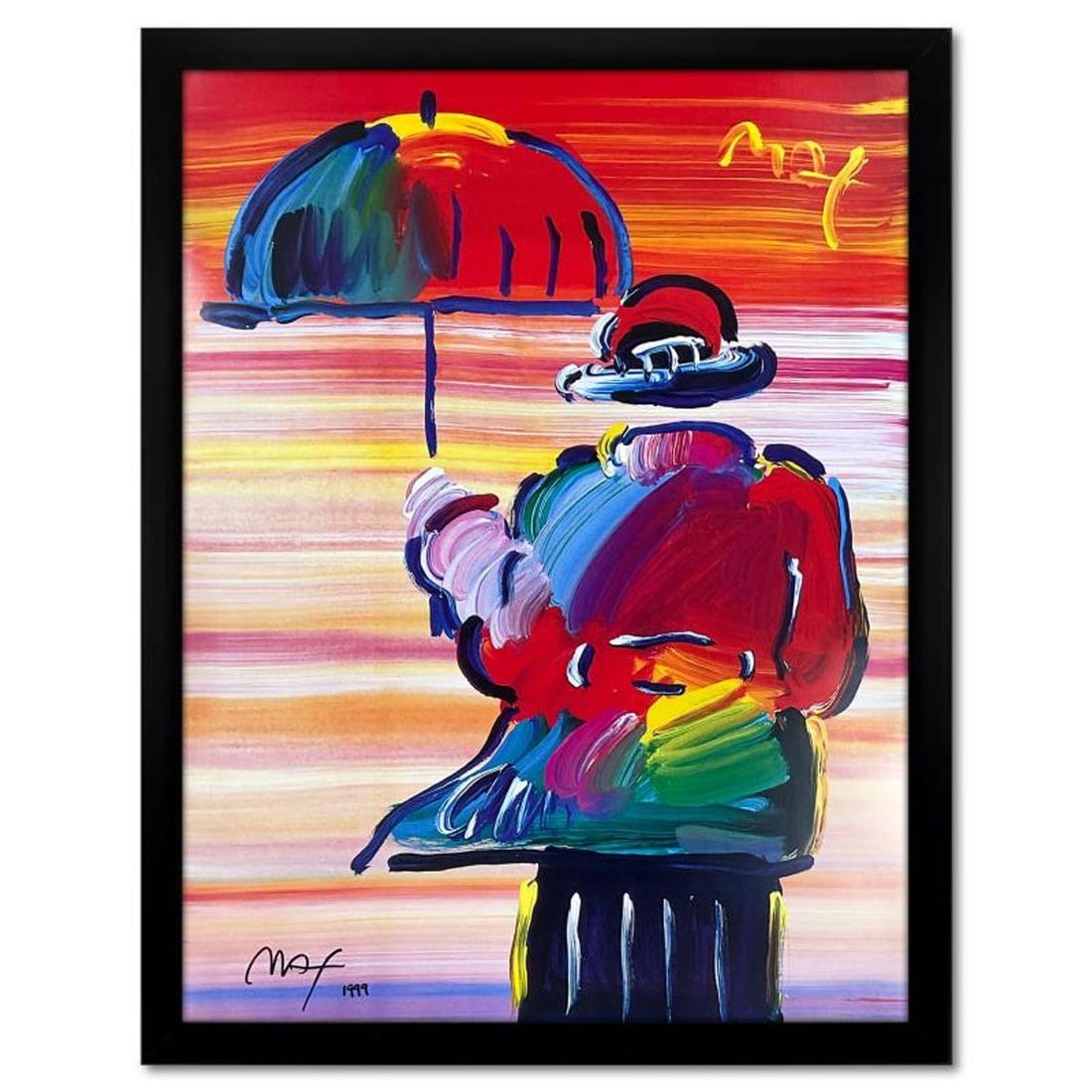 Peter Max, "Umbrella Man" Framed Hand Signed Offset Lithograph with Letter of Authenticity.: Umbrella Man is an offset lithograph on paper by Peter Max, hand signed by the artist. This piece comes custom framed. Includes Letter of Authenticity. Measures approx. 36.5" x 28" (frame), 32.5" x 24