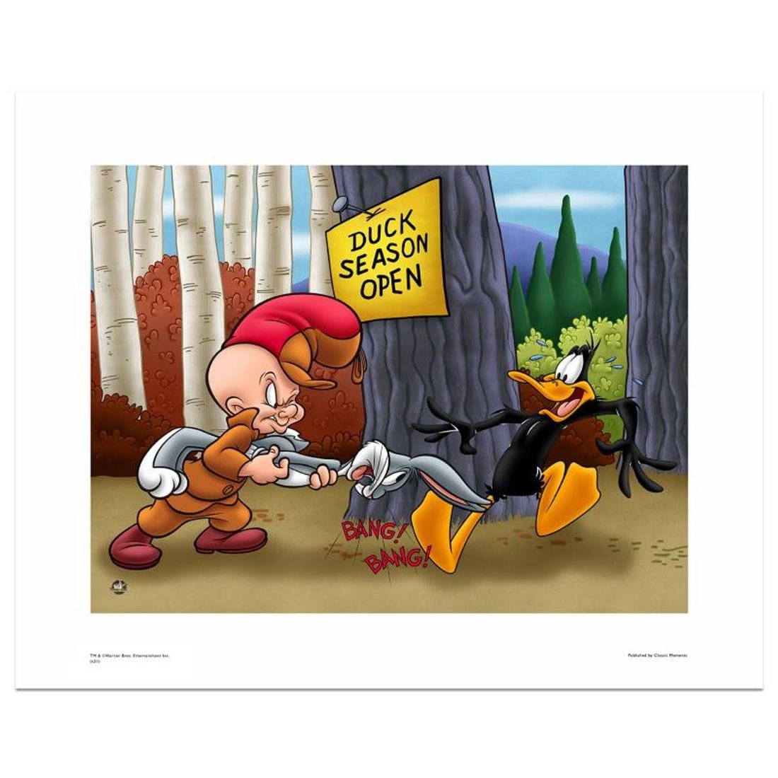Looney Tunes, "Duck Season" Numbered Limited Edition with Certificate of Authenticity.: Duck Season is a licensed limited edition giclee on paper featuring the classic Looney Tunes characters Elmer Fudd and Daffy Duck. It comes numbered, with hologram seal, and a Certificate of Authentic