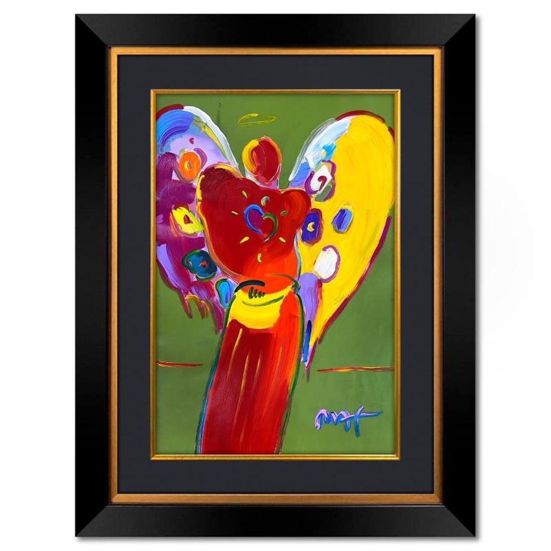 Peter Max, "Angel with Heart" Framed One-of-a-Kind Mixed Media, Hand Signed with Registration Number: Angel with Heart is a one-of-a-kind mixed media on paper, hand signed by Peter Max. The piece comes custom framed with a backside cutout to display Peter Max Studio registration number 289355 certifyi