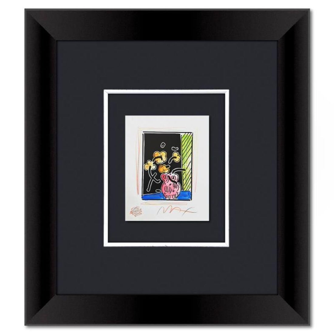 Peter Max, Framed One-of-a-Kind Mixed Media, Hand Signed with Registration Number Certifying: This is a one-of-a-kind mixed media on paper, hand signed by Peter Max. The piece comes custom framed with a backside cutout to display Peter Max Studio registration number 370392 certifying authentic
