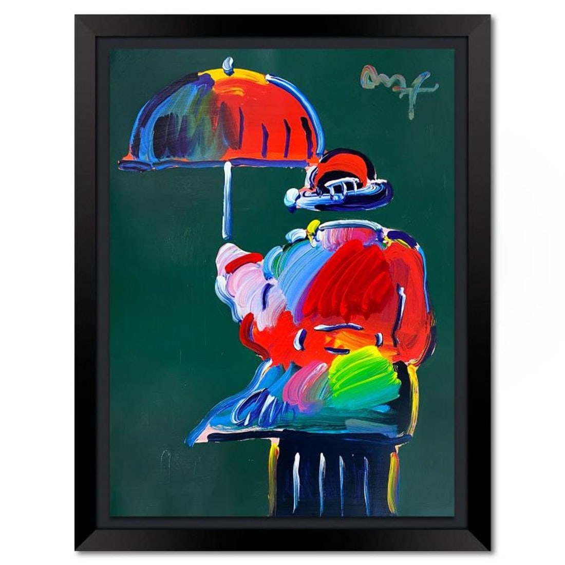 Peter Max, "Umbrella Man" Framed One-of-a-Kind Mixed Media, Hand Signed with Registration Number: Umbrella Man is a one-of-a-kind mixed media on paper, hand signed by Peter Max. The piece comes custom framed with a backside cutout to display Peter Max Studio registration number 176143 certifying a