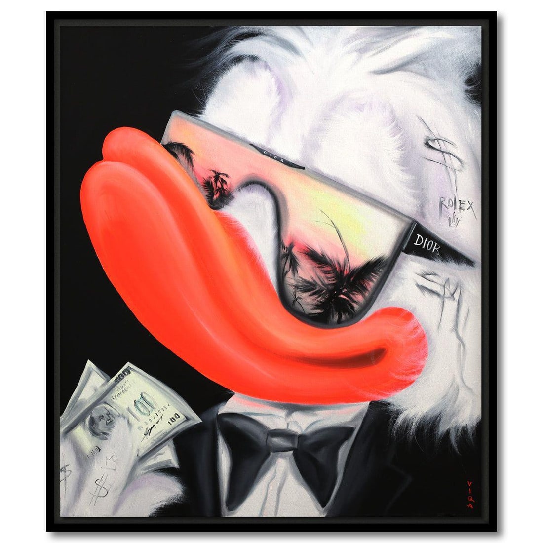 Viqa- Original Oil on Canvas with Collage "Scrooge McDuck Makes Money": Artist: Viqa. Medium: Original Oil on Canvas with Collage. Title: Scrooge McDuck Makes Money. Size: 28" x 23". Measures approx. 29" x 25" (framed). Signature: Hand signed by the artist. Certificate of