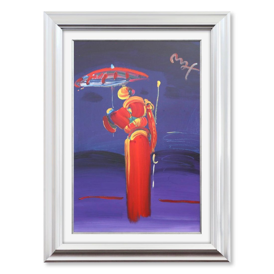 Peter Max- Original Mixed Media "Umbrella Man with Cane": Artist: Peter Max. Medium: Original Mixed Media. Title: Umbrella Man with Cane. Size: 36" x 24". Measures approx. 47" x 35" (framed). Signature: Hand signed. Certificate of Authenticity: Is included.