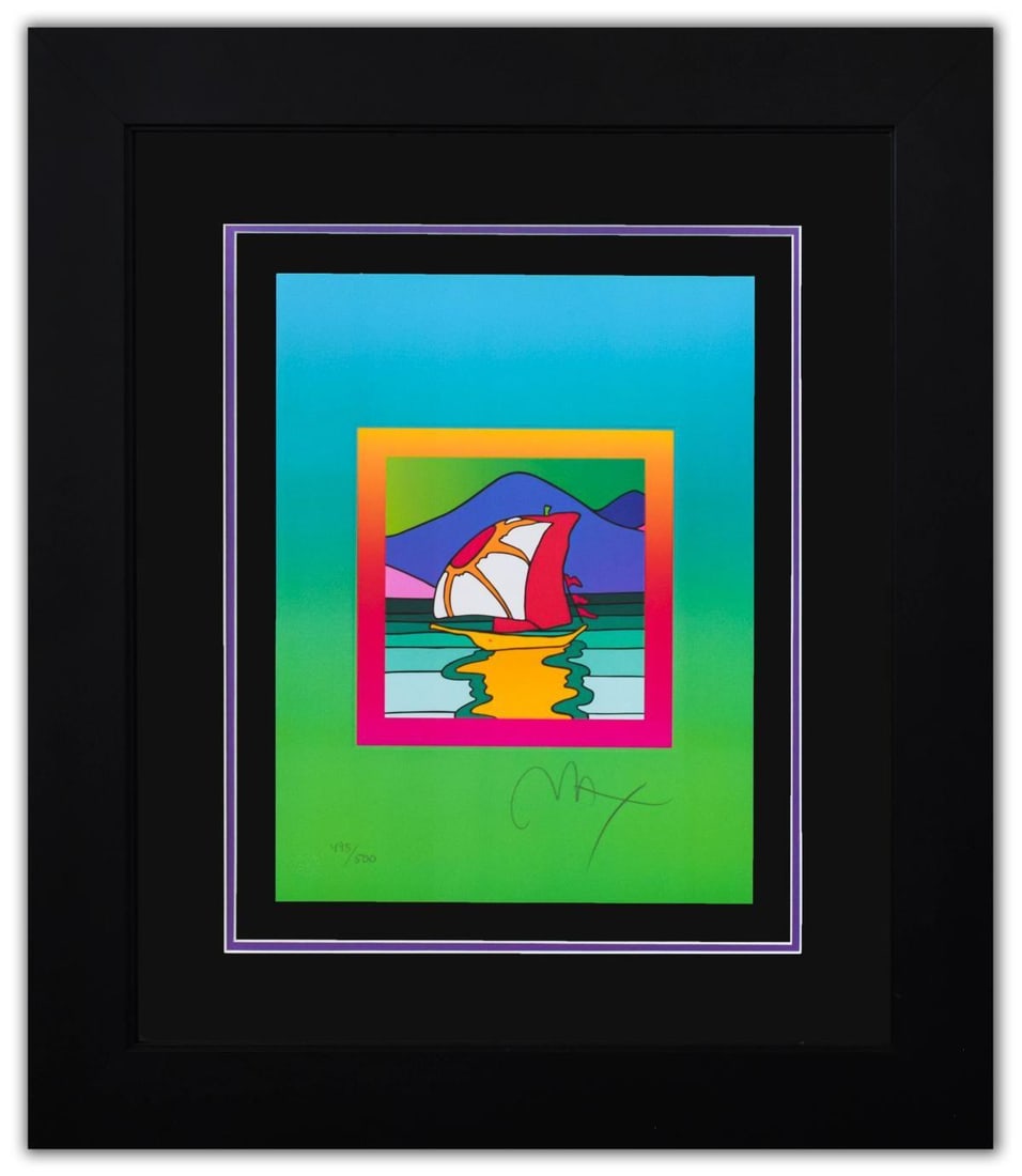 Peter Max- Original Lithograph "Sailboat East on Blends": Artist: Peter Max. Medium: Original Lithograph. Title: Sailboat East on Blends. Size: 17" x 13". Measures approx. 29.5" x 25.5" (framed). Signature: Hand Signed and Numbered by the artist. Certificate