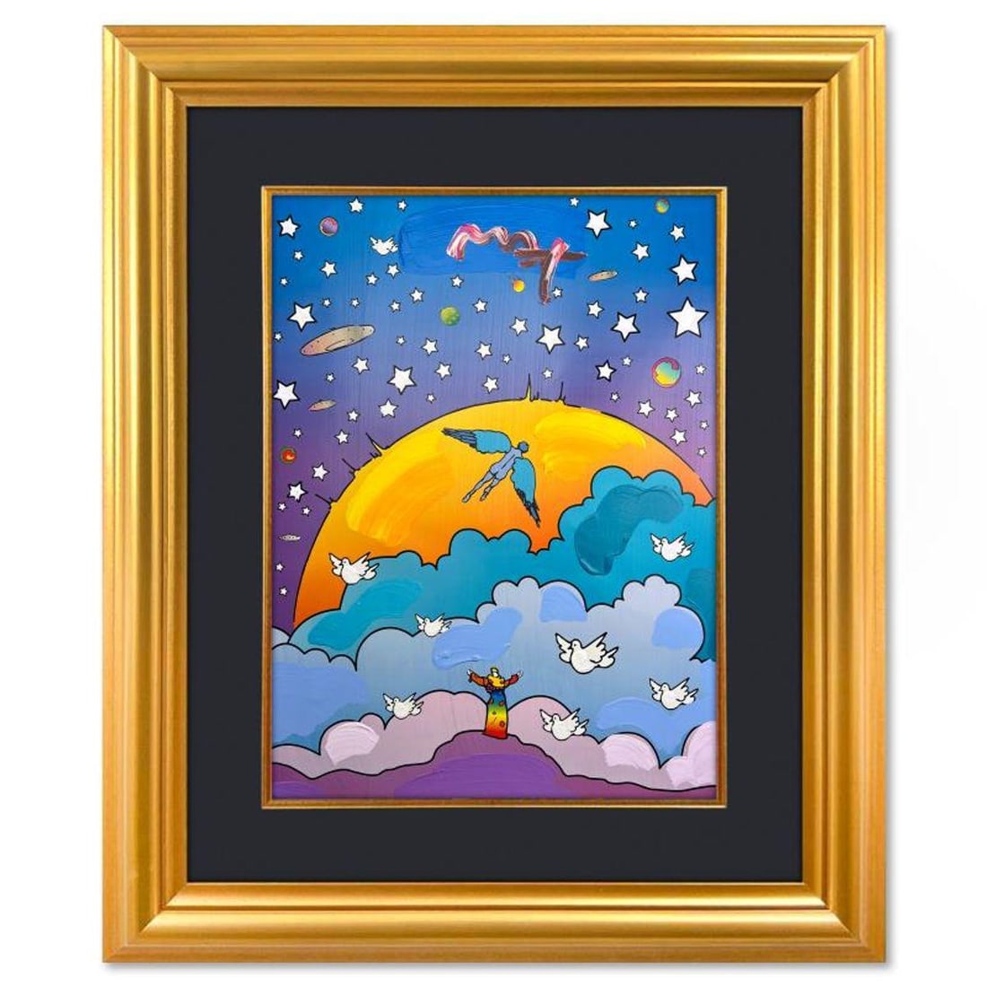 Peter Max, "Beginning of New Age" Framed One-of-a-Kind Mixed Media, Hand Signed with Registration: Beginning of New Age is a one-of-a-kind mixed media on paper, hand signed by Peter Max. The piece comes custom framed with a backside cutout to display Peter Max Studio registration number 291891 cert