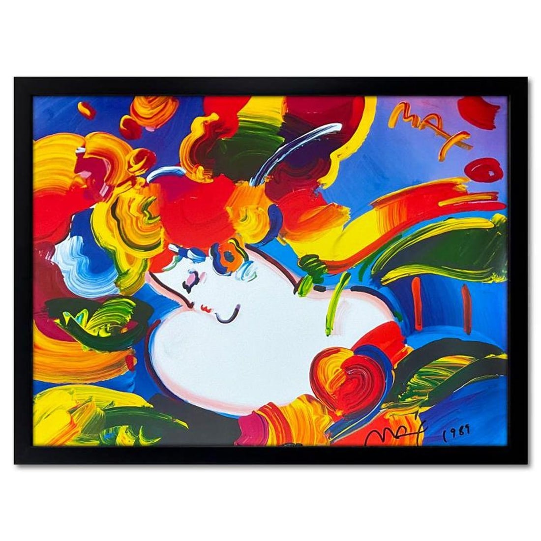 Peter Max, "Flower Blossom Lady" Framed Hand Signed Offset Lithograph with Letter of Authenticity.: Flower Blossom Lady is an offset lithograph on paper by Peter Max, hand signed by the artist. This piece comes custom framed. Includes Letter of Authenticity. Measures approx. 21.5" x 28" (frame), 17.