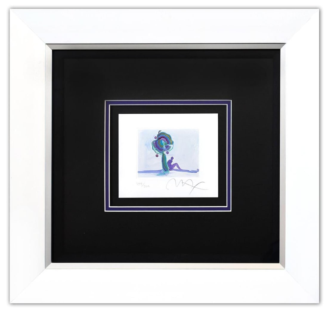 Peter Max- Original Lithograph "Figure Under Tree (Mini)": Artist: Peter Max. Medium: Original Lithograph. Title: Figure Under Tree (Mini). Size: 5" x 6". Measures approx. 17.5" x 18.5" (framed). Signature: Hand Signed and Numbered by the artist. Certificate