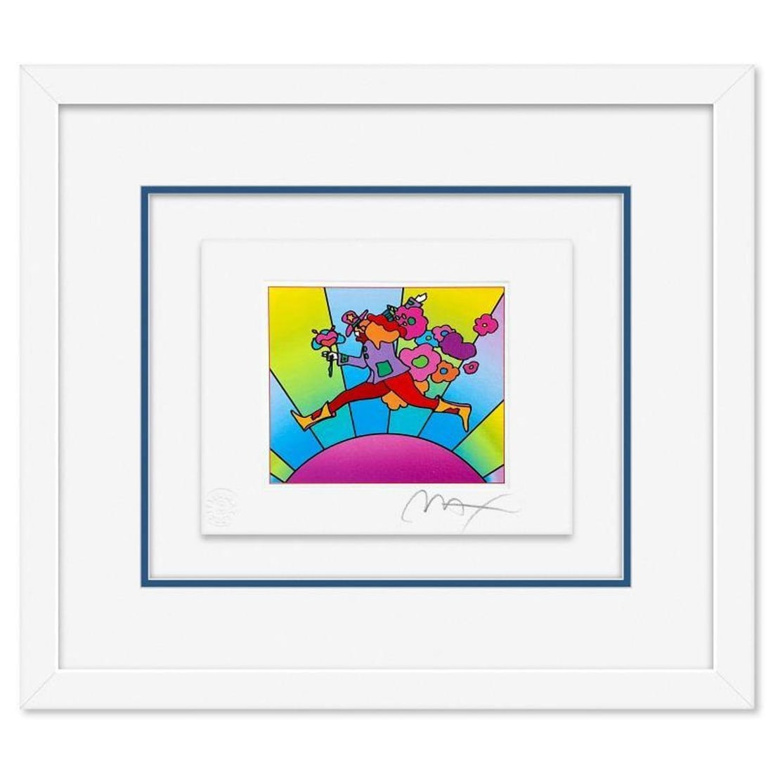 Peter Max, "Flower Jumper Over Sunrise on Blends I" Framed Limited Edition Lithograph, Numbered and: Flower Jumper Over Sunrise on Blends I is a limited edition lithograph on paper by Peter Max, numbered and hand signed by the artist. This piece comes framed. Includes Certificate of Authenticity from