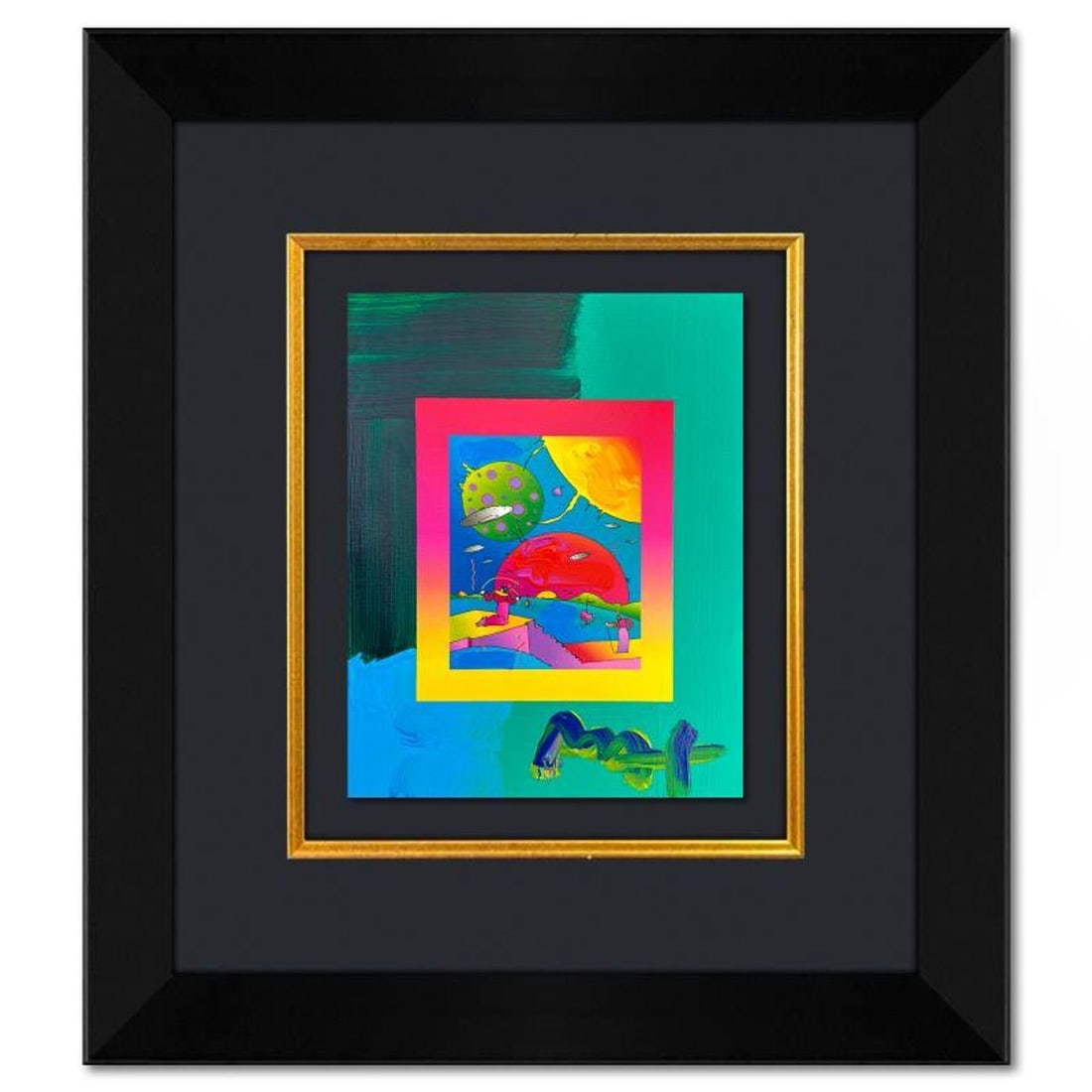 Peter Max, "Year 2250" Framed One-of-a-Kind Acrylic Mixed Media, Hand Signed with Registration: Year 2250 is a hand signed one-of-a-kind acrylic mixed media on paper by Peter Max. The piece comes custom framed with a backside cutout to display Peter Max Studio registration number 295844 certifyi