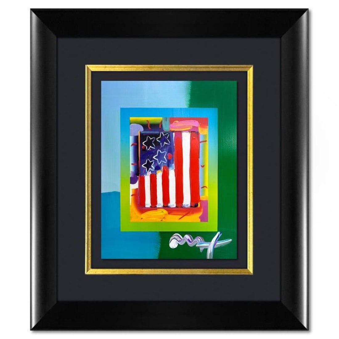 Peter Max, "Flag with Heart" Framed One-of-a-Kind Acrylic Mixed Media, Hand Signed with Registration: Flag with Heart is a hand signed one-of-a-kind acrylic mixed media on paper by Peter Max. The piece comes custom framed with a backside cutout to display Peter Max Studio registration number 257258 ce