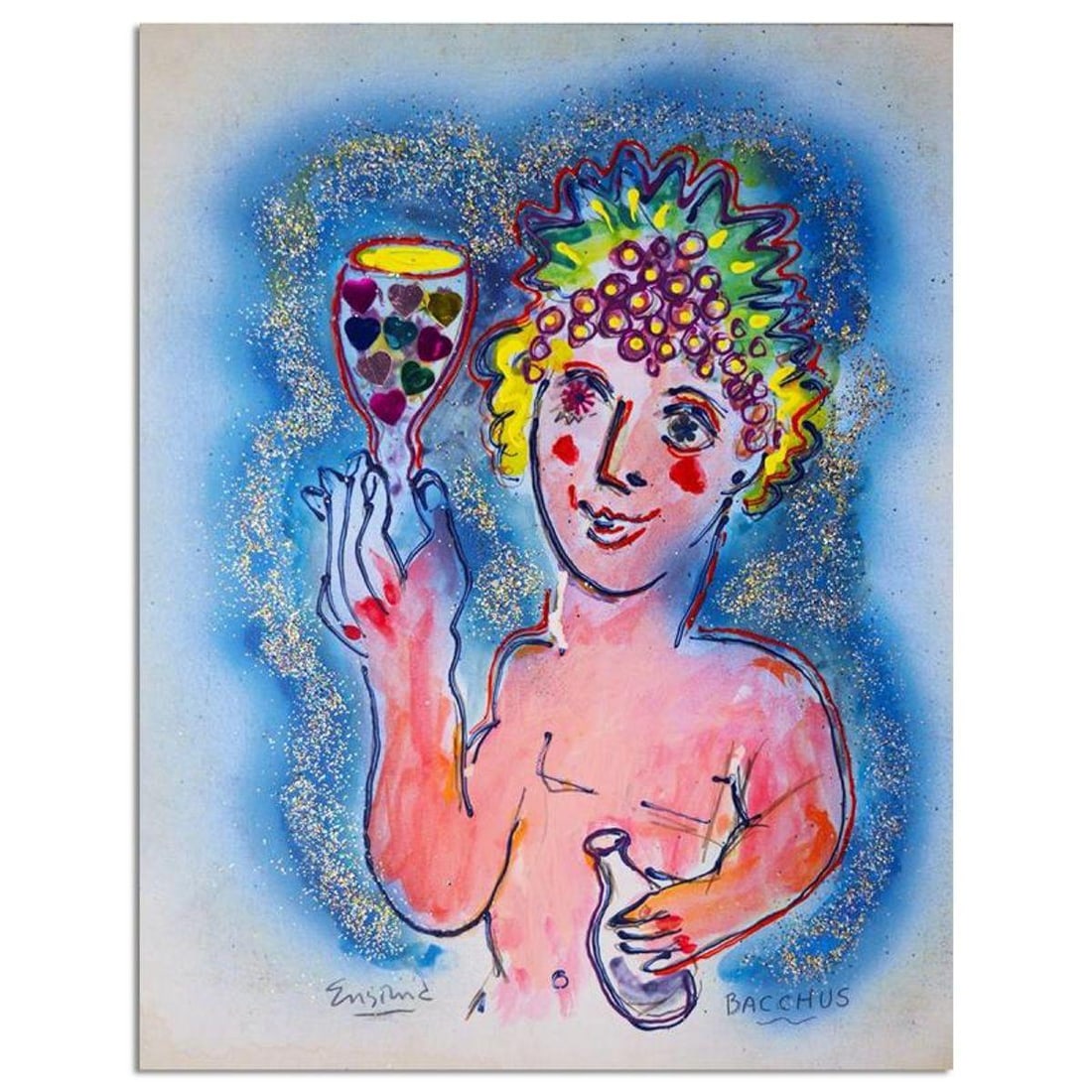 Wayne Ensrud "Luminous Bacchus" Mixed Media Original Artwork with COA.: Luminous Bacchus is an original Mixed Media on Board by Wayne Ensrud. The piece is hand signed by the artist and comes with a Certificate of Authenticity. Measures approximately 20" x 16".