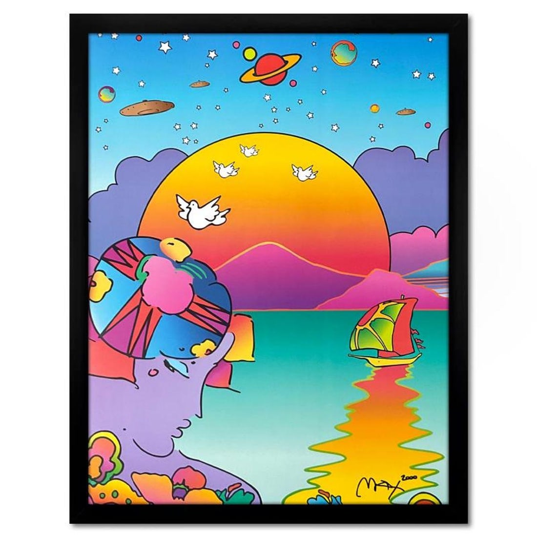 Peter Max, "New Horizon 2000" Framed Hand Signed Offset Lithograph with Letter of Authenticity.: New Horizon 2000 is an offset lithograph on paper by Peter Max, hand signed by the artist. This piece comes custom framed. Includes Letter of Authenticity. Measures approx. 34.5" x 27" (frame), 30.5"