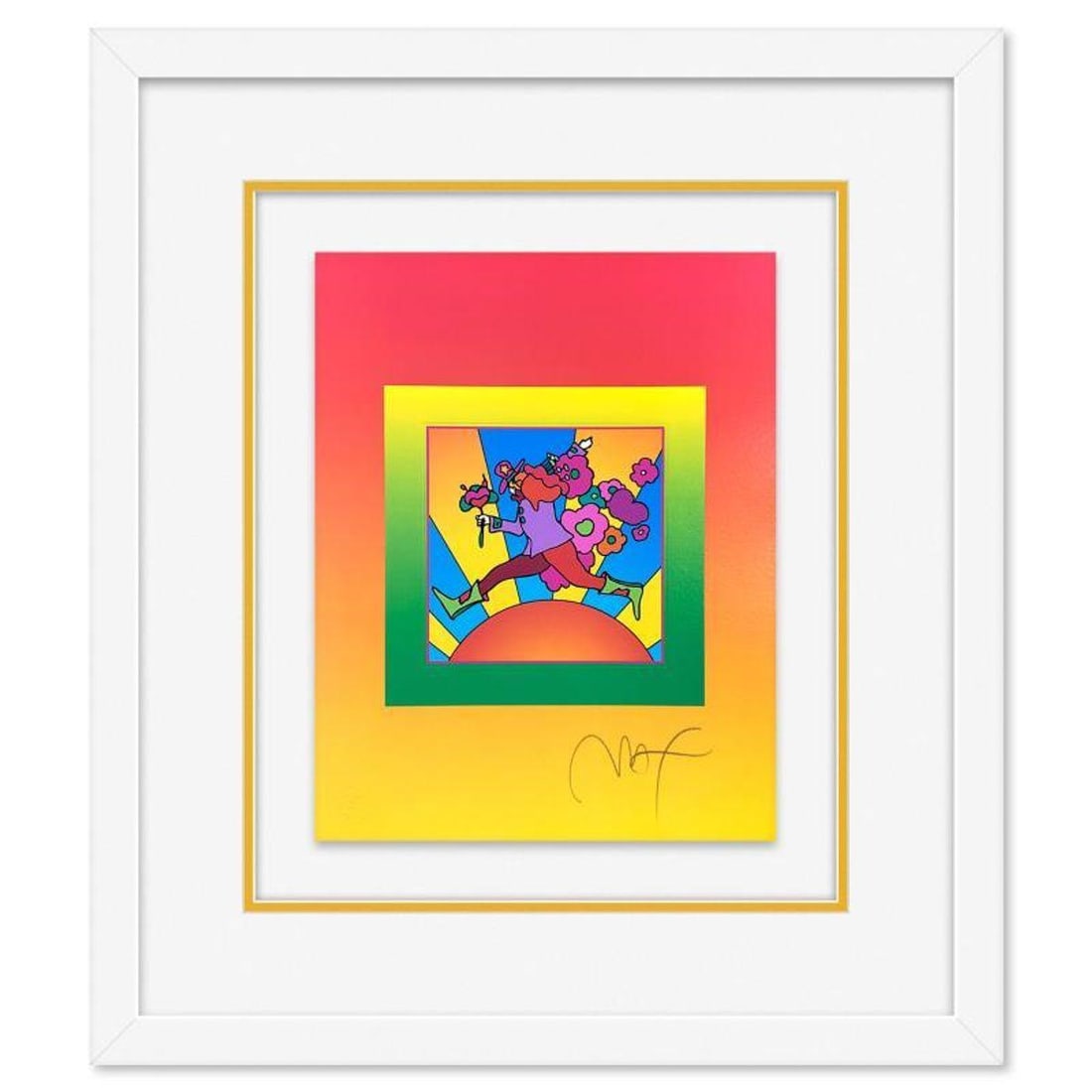 Peter Max, "Flower Jumper Over Sunrise on Blends II" Framed Limited Edition Lithograph, Numbered and: Flower Jumper Over Sunrise on Blends II is a limited edition lithograph on paper by Peter Max, numbered and hand signed by the artist. This piece comes framed. Includes Certificate of Authenticity fro