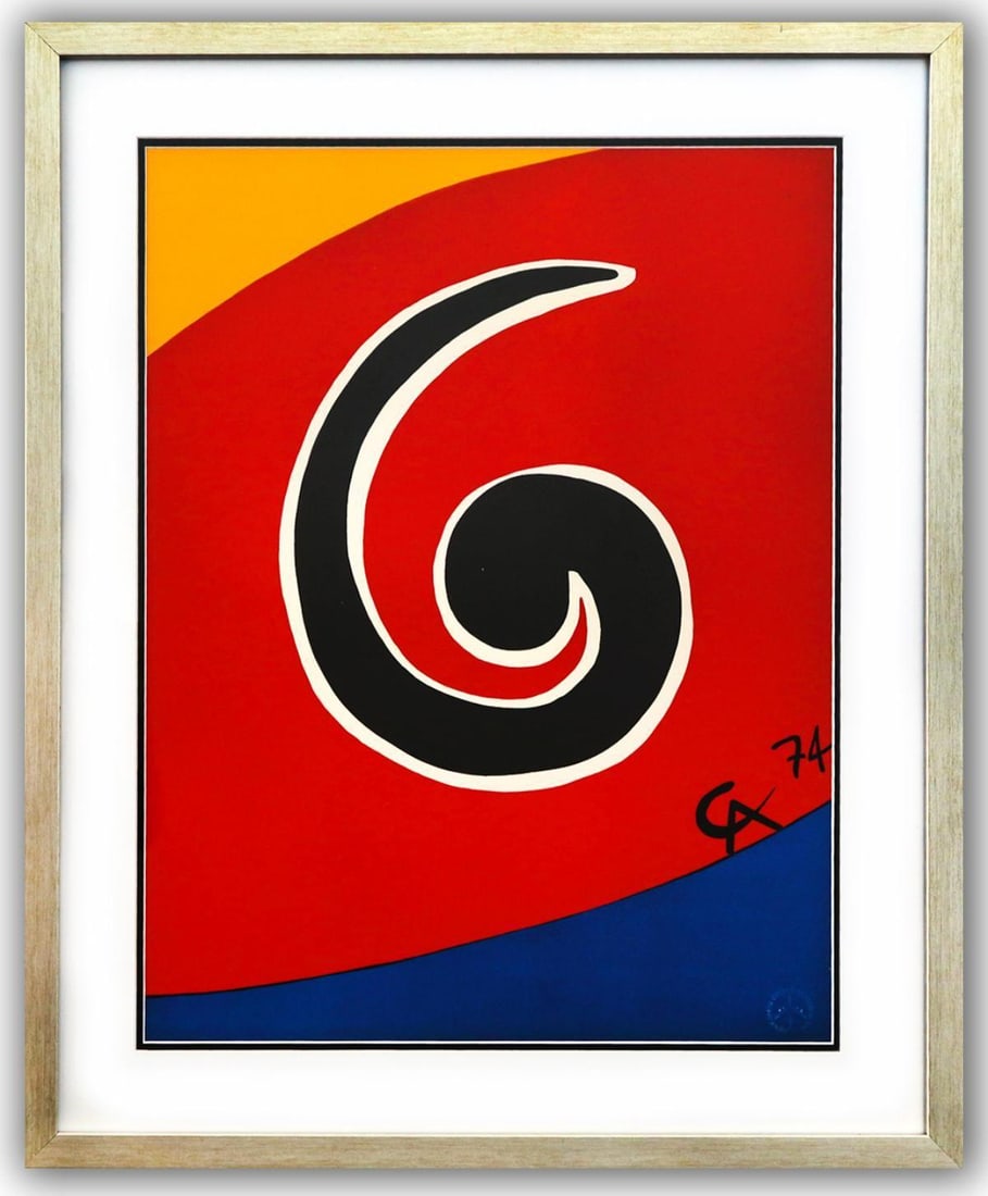 Alexander Calder- Lithograph on Arches Paper "Flying colors - Skywirl": Artist: Alexander Calder. Medium: Lithograph on Arches Paper. Title: Flying colors - Skywirl. Size: 26" x 20". Measures approx. 33" x 27" (framed). Signature: Signed in the plate. Certificate of Authe
