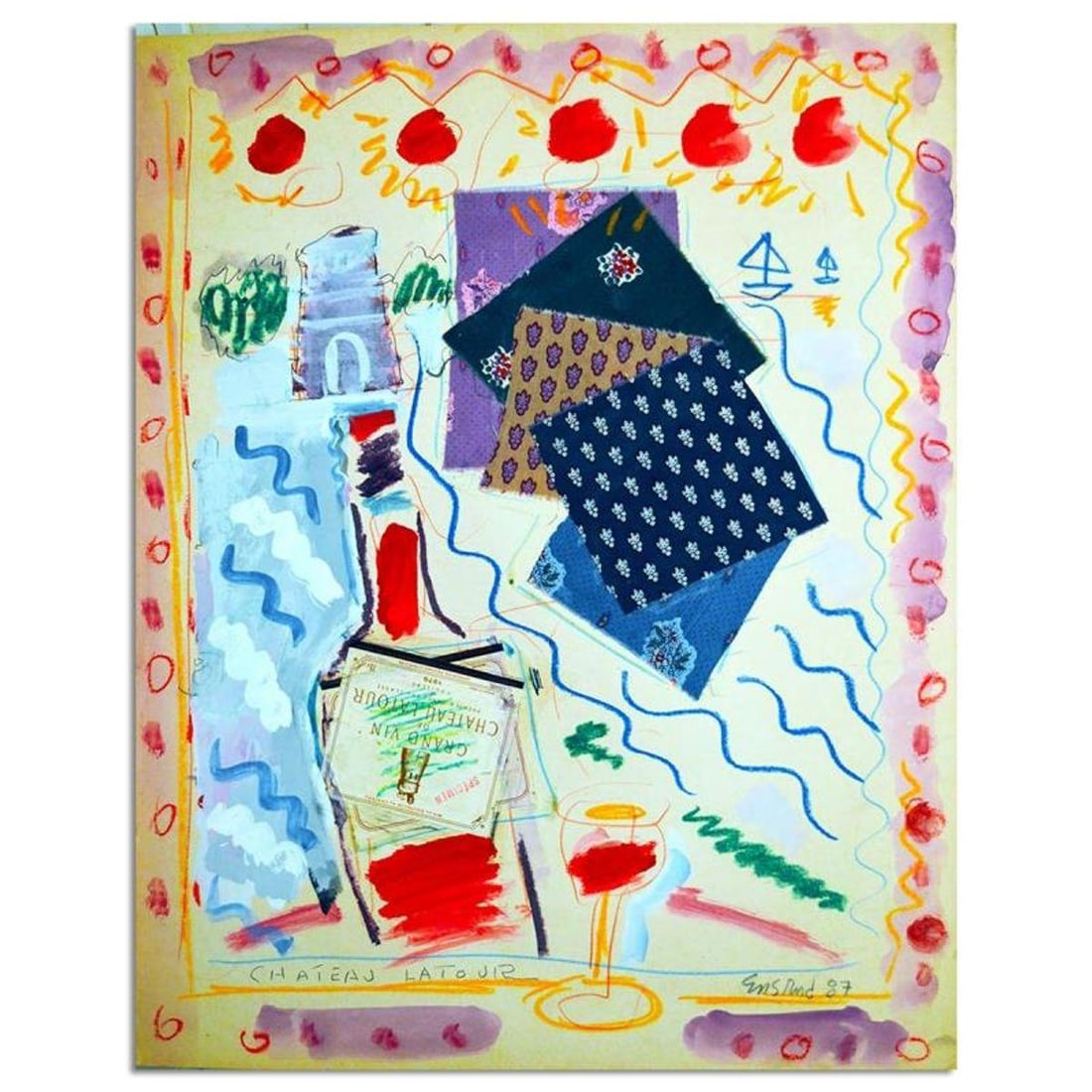 Wayne Ensrud "Abstract Wine Still Life With 1979 Chateau Latour Label" Mixed Media Original Artwork: Abstract Wine Still Life With 1979 Chateau Latour Label is an original Mixed Media on Board by Wayne Ensrud. The piece is hand signed by the artist and comes with a Certificate of Authenticity. Measur