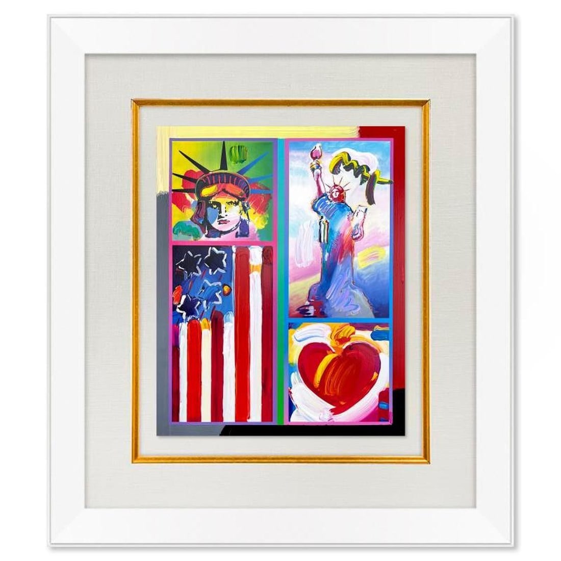 Peter Max, "2 Liberties, Flag and Heart" Framed One-of-a-Kind Mixed Media, Hand Signed with: 2 Liberties, Flag and Heart is a one-of-a-kind mixed media on paper, hand signed by Peter Max. The piece comes custom framed with a backside cutout to display Peter Max Studio registration number 2813