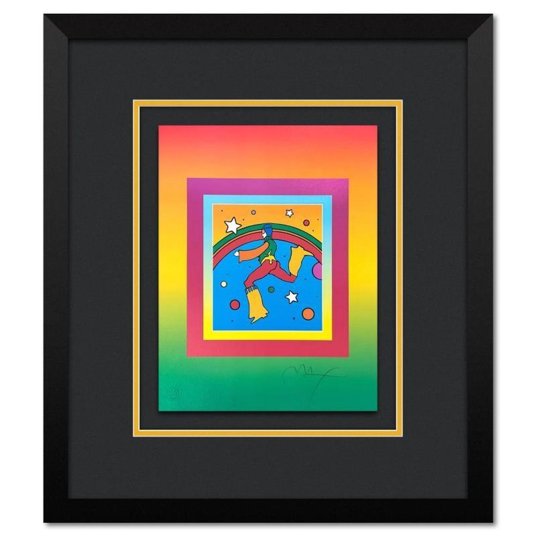 Peter Max, "Cosmic Jumper on Blends" Framed Limited Edition Lithograph, Numbered and Hand Signed: Cosmic Jumper on Blends is a limited edition lithograph on paper by Peter Max, numbered and hand signed by the artist. This piece comes framed. Includes Certificate of Authenticity from Peter Max Stud