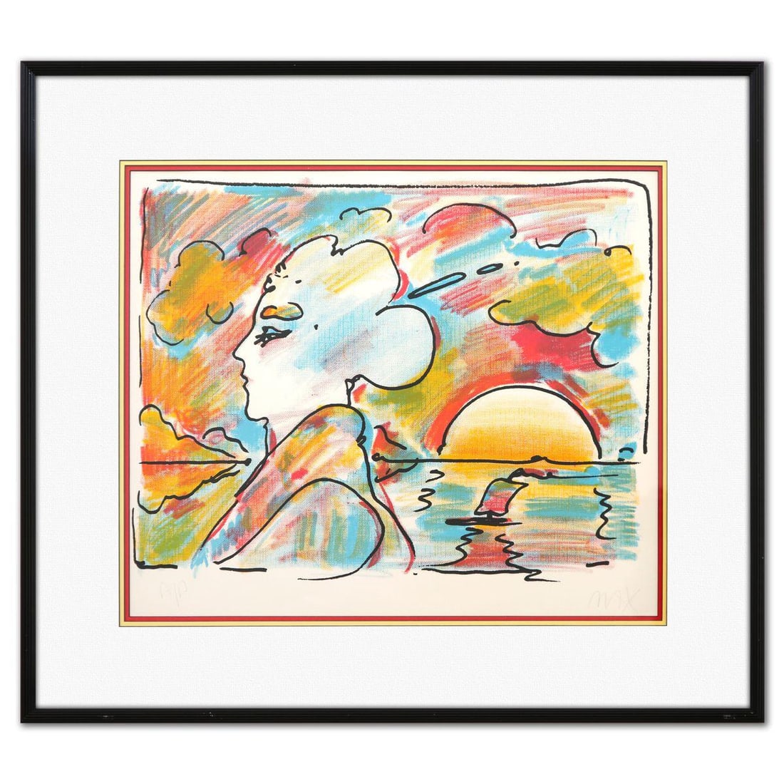 Peter Max- Lithograph "Sunset Profile": Artist: Peter Max. Medium: Lithograph. Title: Sunset Profile. Size: 18" x 22". Measures approx. 27" x 30" (framed). Signature: Hand signed and numbered. Certificate of Authenticity: Is included. Refer