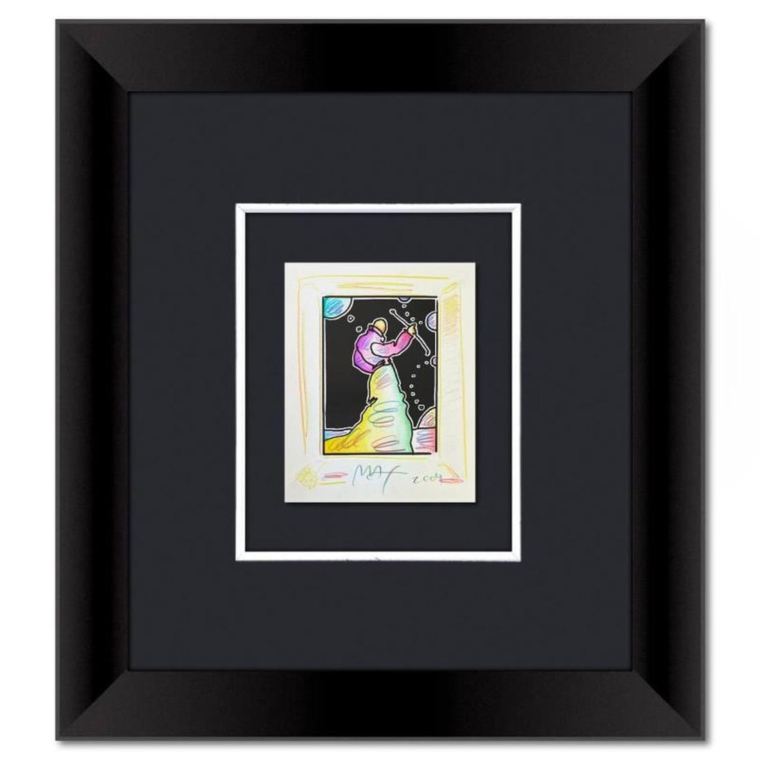 Peter Max, "Sage with Cane" Framed One-of-a-Kind Mixed Media, Hand Signed with Registration Number: Sage with Cane is a one-of-a-kind mixed media on paper, hand signed by Peter Max. The piece comes custom framed with a backside cutout to display Peter Max Studio registration number 339931 certifying