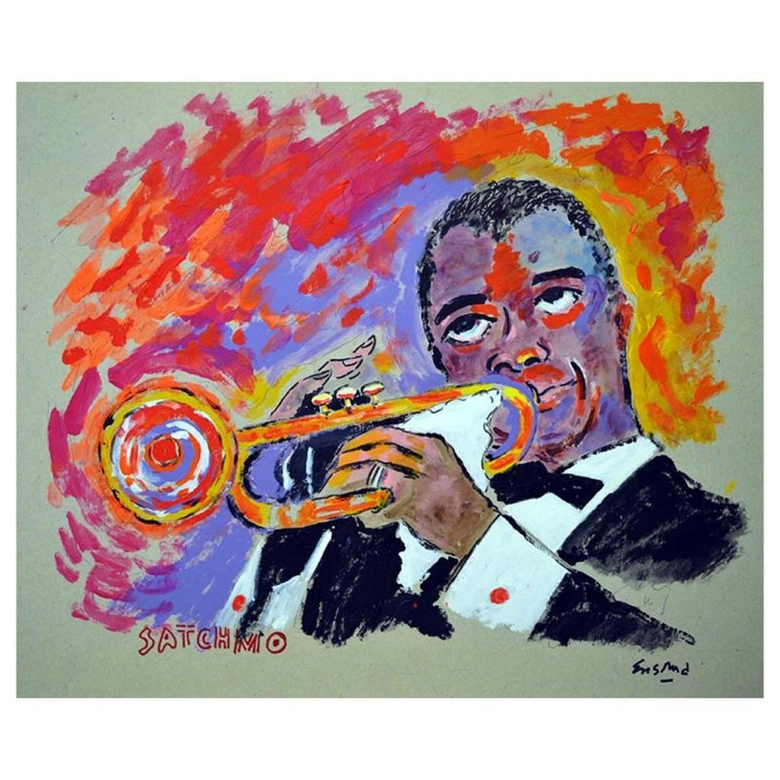 Wayne Ensrud ,"Louis Armstrong" Hand Signed Original Painting with Letter of Authenticity.: Louis Armstrong is an original painting, acrylic on board by Wayne Ensrud. The piece is hand signed by the artist and comes with a Letter of Authenticity. Measures approximately 18" x 21".