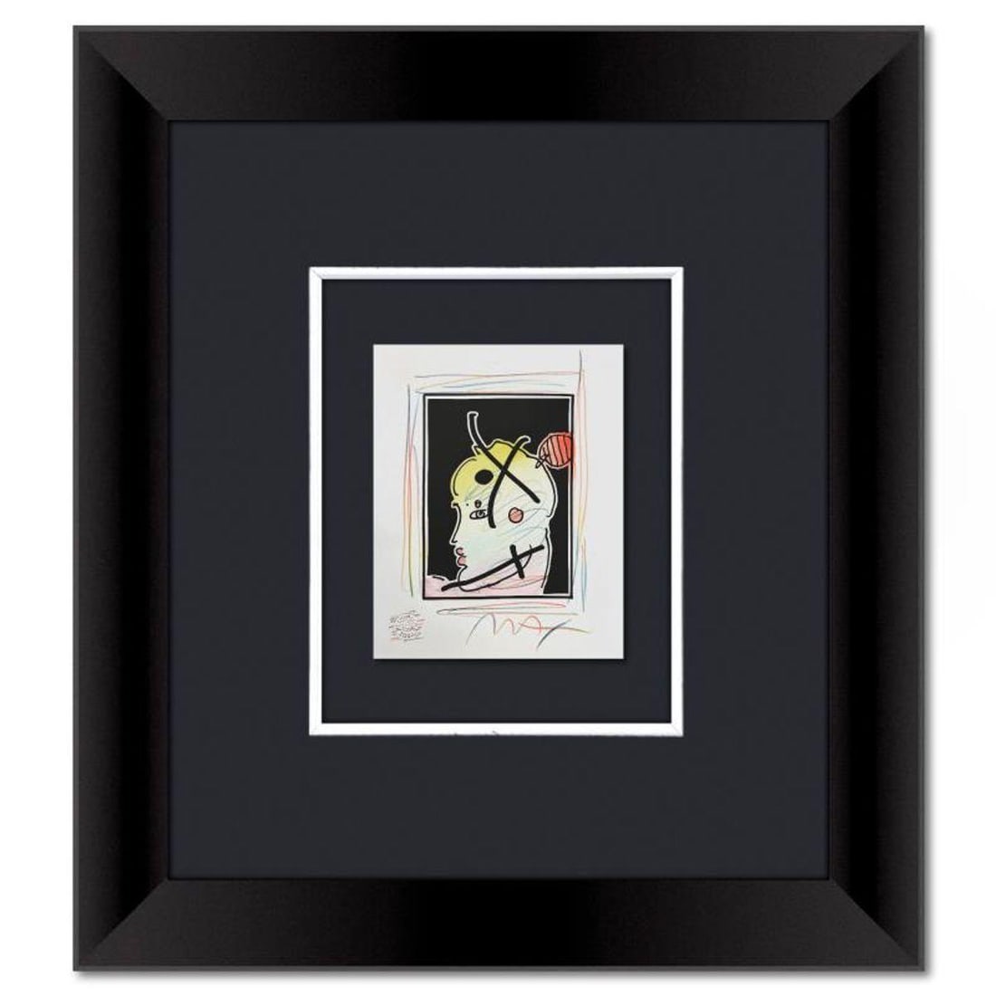 Peter Max, Framed One-of-a-Kind Mixed Media, Hand Signed with Registration Number Certifying: This is a one-of-a-kind mixed media on paper, hand signed by Peter Max. The piece comes custom framed with a backside cutout to display Peter Max Studio registration number 370606 certifying authentic
