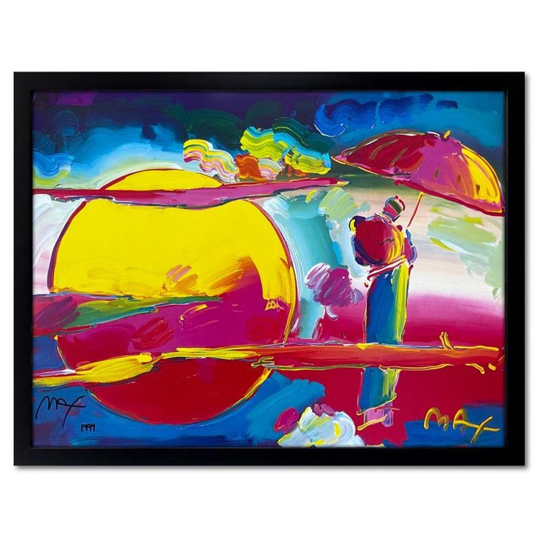 Peter Max, "New Moon II" Framed Hand Signed Offset Lithograph with Letter of Authenticity.: New Moon II is an offset lithograph on paper by Peter Max, hand signed by the artist. This piece comes custom framed. Includes Letter of Authenticity. Measures approx. 27" x 34" (frame), 23" x 30" (im