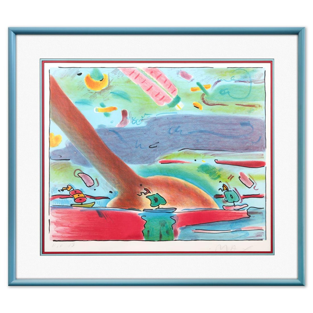 Peter Max- Lithograph "Sailboats": Artist: Peter Max. Medium: Lithograph. Title: Sailboats. Size: 20" x 25". Measures approx. 28" x 32" (framed). Signature: Hand signed and numbered. Certificate of Authenticity: Is included. Reference#
