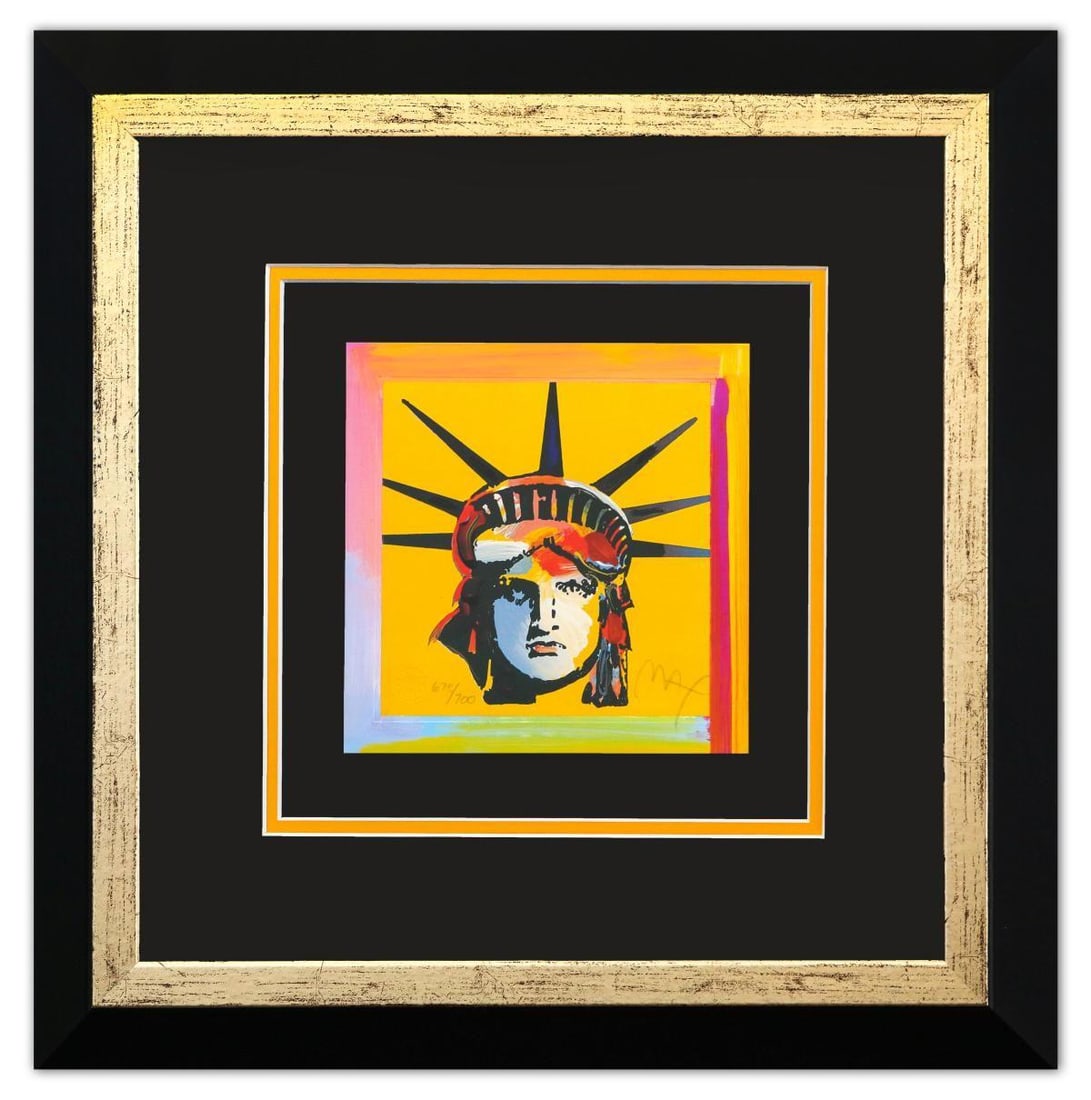 Peter Max- Original Lithograph "Liberty Head": Artist: Peter Max. Medium: Original Lithograph. Title: Liberty Head. Size: 7" x 7". Measures approx. 18" x 18" (framed). Signature: Hand Signed and Numbered by the artist. Certificate of Authenticity: