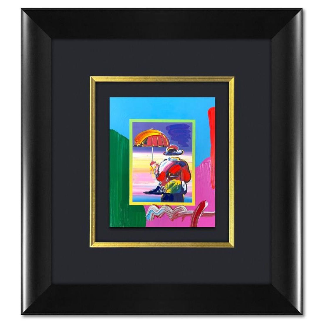 Peter Max, "Umbrella Man on Blends" Framed One-of-a-Kind Acrylic Mixed Media, Hand Signed with: Umbrella Man on Blends is a one-of-a-kind acrylic mixed media on paper, hand signed by Peter Max. The piece comes custom framed with a backside cutout to display Peter Max Studio registration number 2