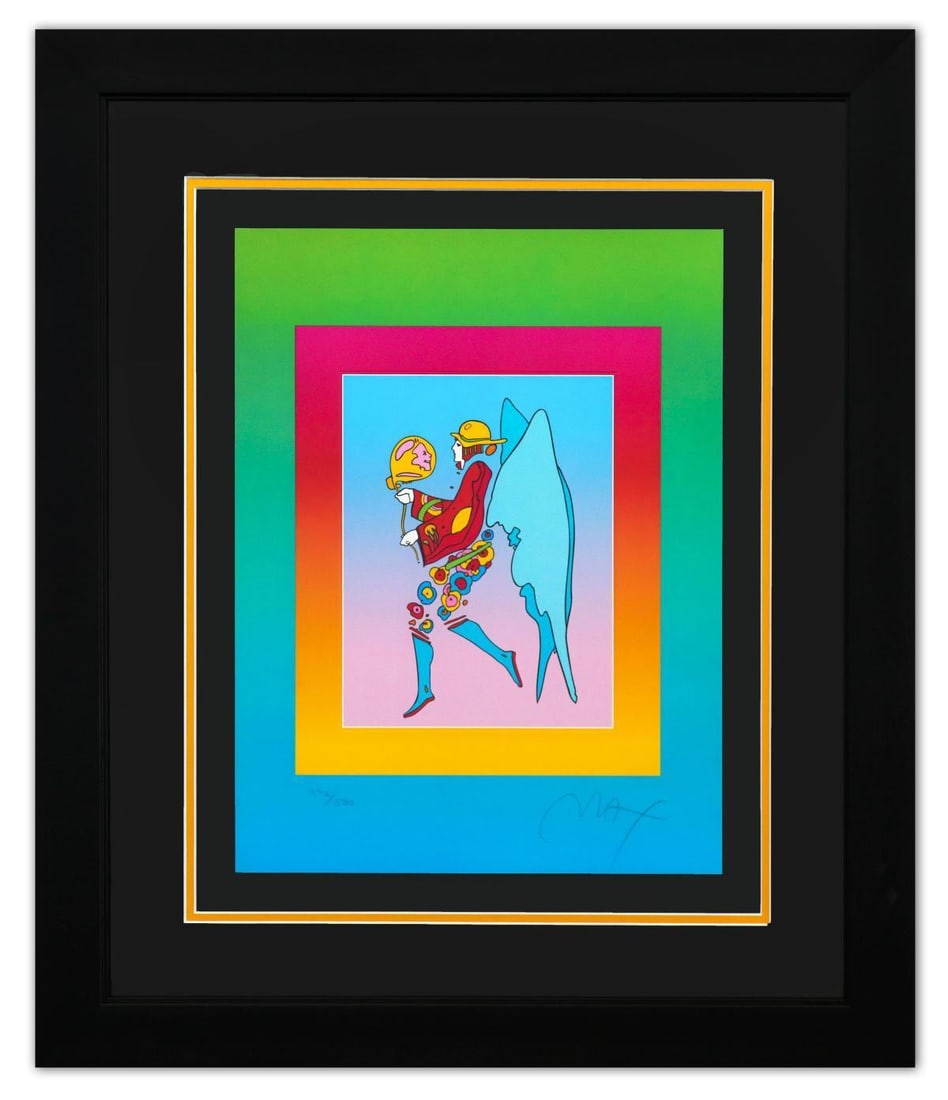 Peter Max- Original Lithograph "Tip Toe Floating on Blends": Artist: Peter Max. Medium: Original Lithograph. Title: Tip Toe Floating on Blends. Size: 17" x 13". Measures approx. 28" x 24" (framed). Signature: Hand Signed and Numbered by the artist. Certificate